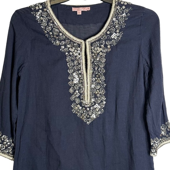 Calypso St. Barth Sequined Beaded Tunic Top Gauzy 100% Cotton India Small - Picture 3 of 14